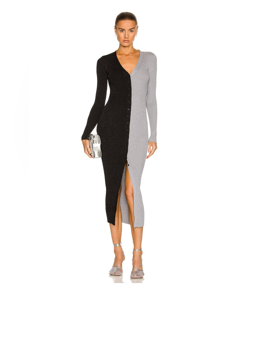 Staud Shoko Colorblock Sweater Midi Dress Black Silver Small Long Sleeve